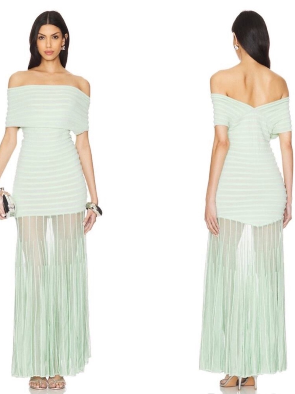ALEXIS Marce Off the Shoulder Stripe Knit Sheer Skirt Green Maxi Dress Size M